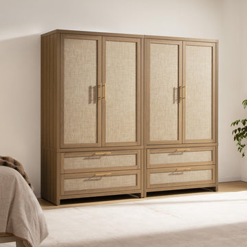 Rattan Armoire Wardrobe Closet, 71 inch Boho Wardrobe with Drawers