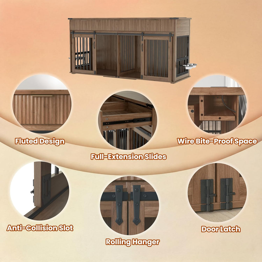 71'' Furniture Style Double Dog Crate with 3 Fluted Drawers and Waterproof Woodgrain Tabletop, Large Dog Kennel