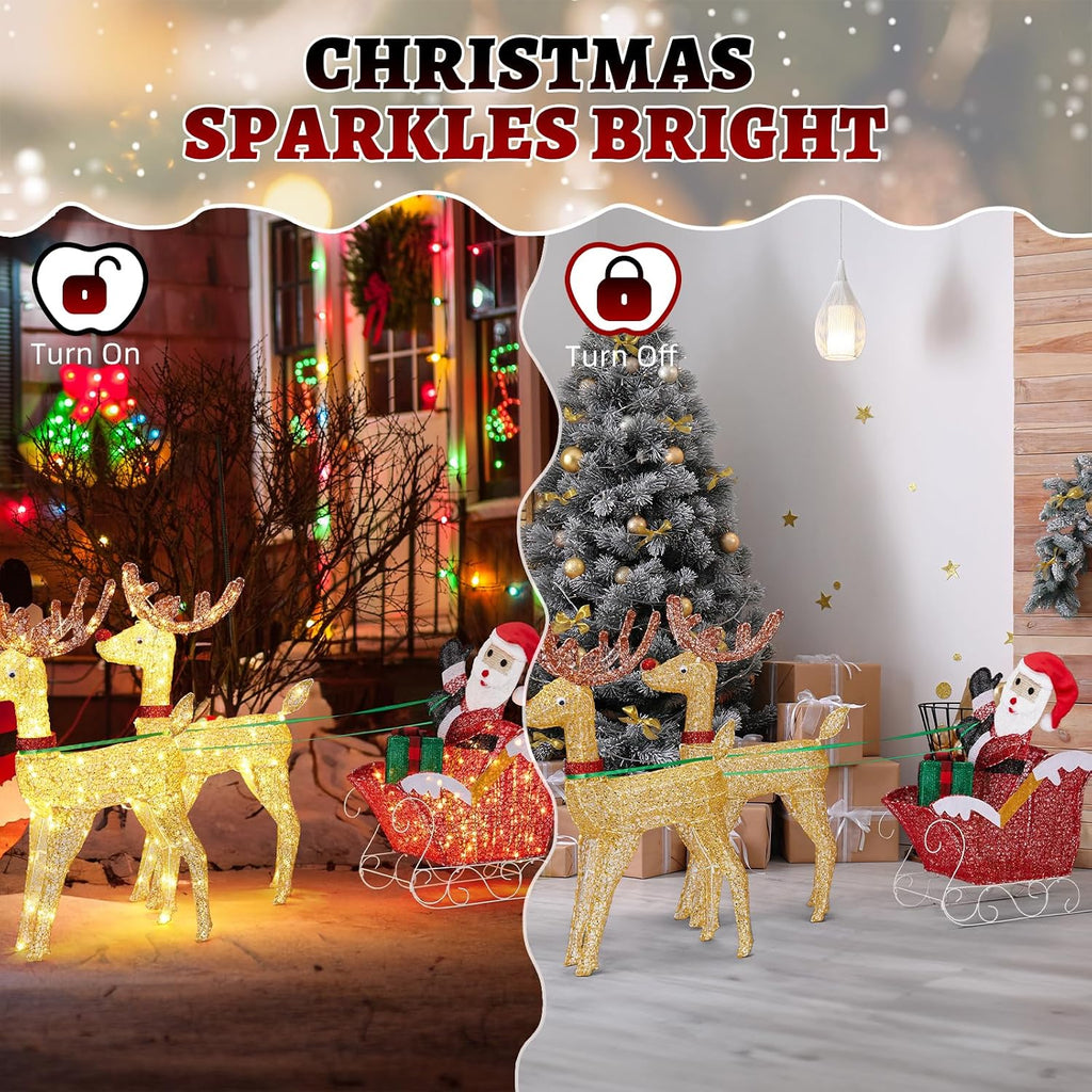 Christmas Lighted Reindeers with Santa Claus Sleigh Set 3FT, 270 LEDs 30V
