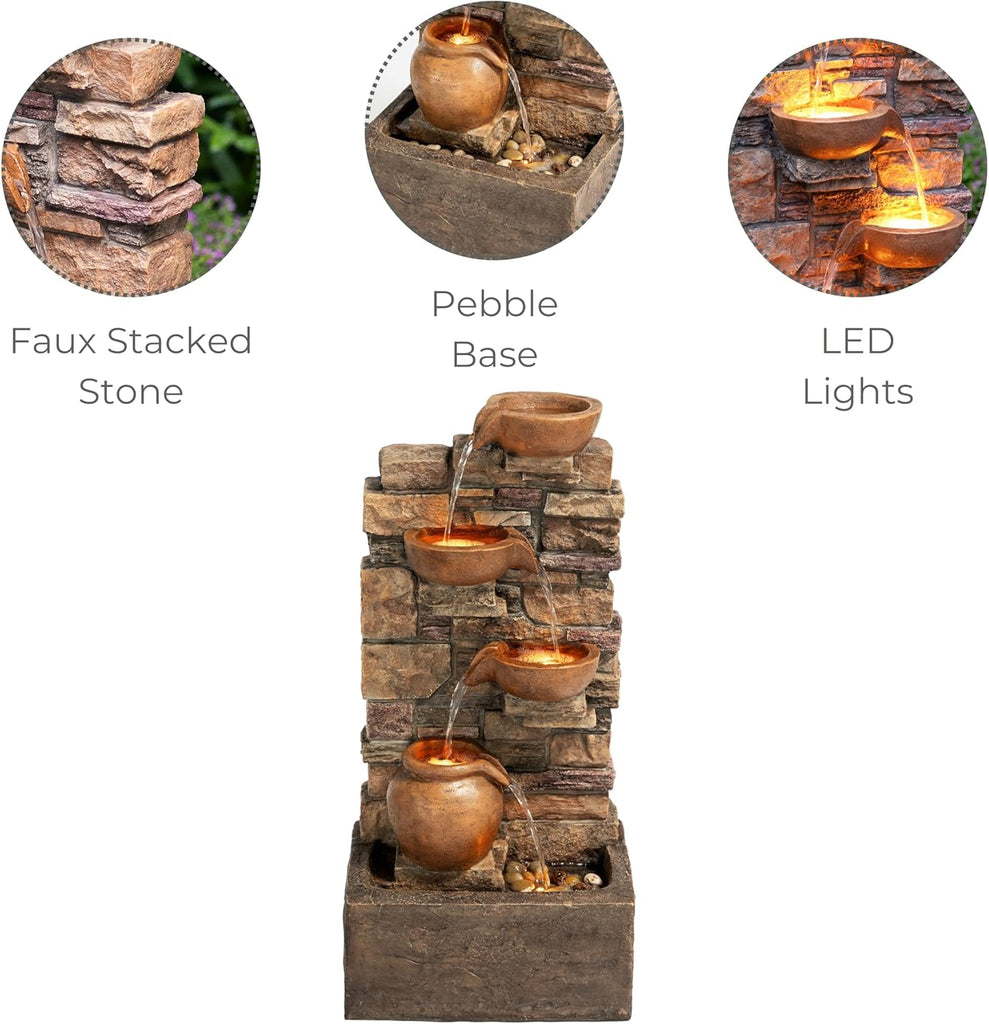 28.5" Outdoor 4-Tier Stacked Stone Cascading Water Fountain with LED Lights, Brown
