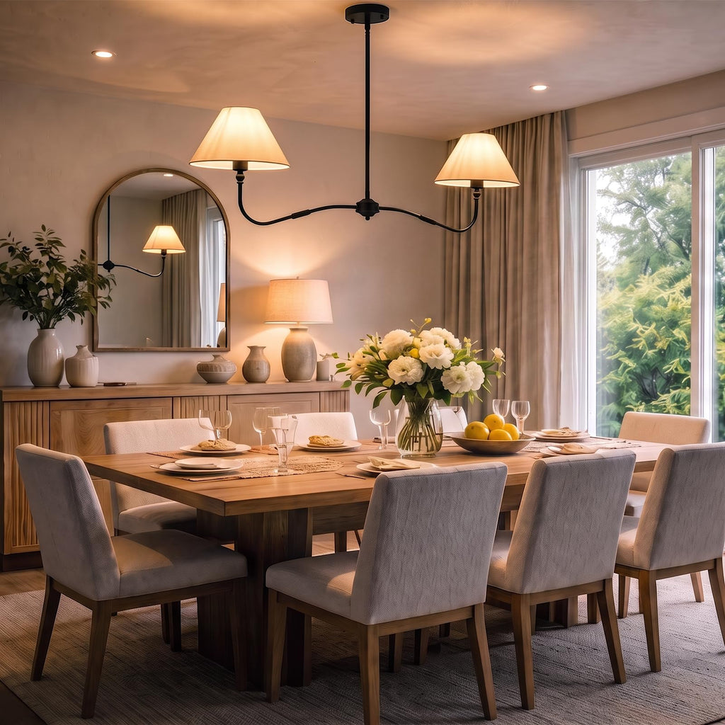 47" Modern Linear Chandelier Island, 2-Light Black Linear Dining Room Light Fixture with White Fabric Shade, Hanging