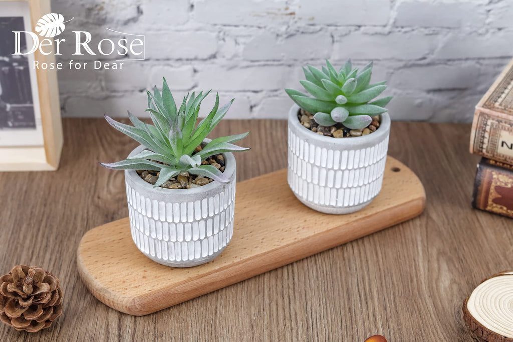 2 Pack Fake Succulents in Striped Ceramic Pots for Shelf Decor