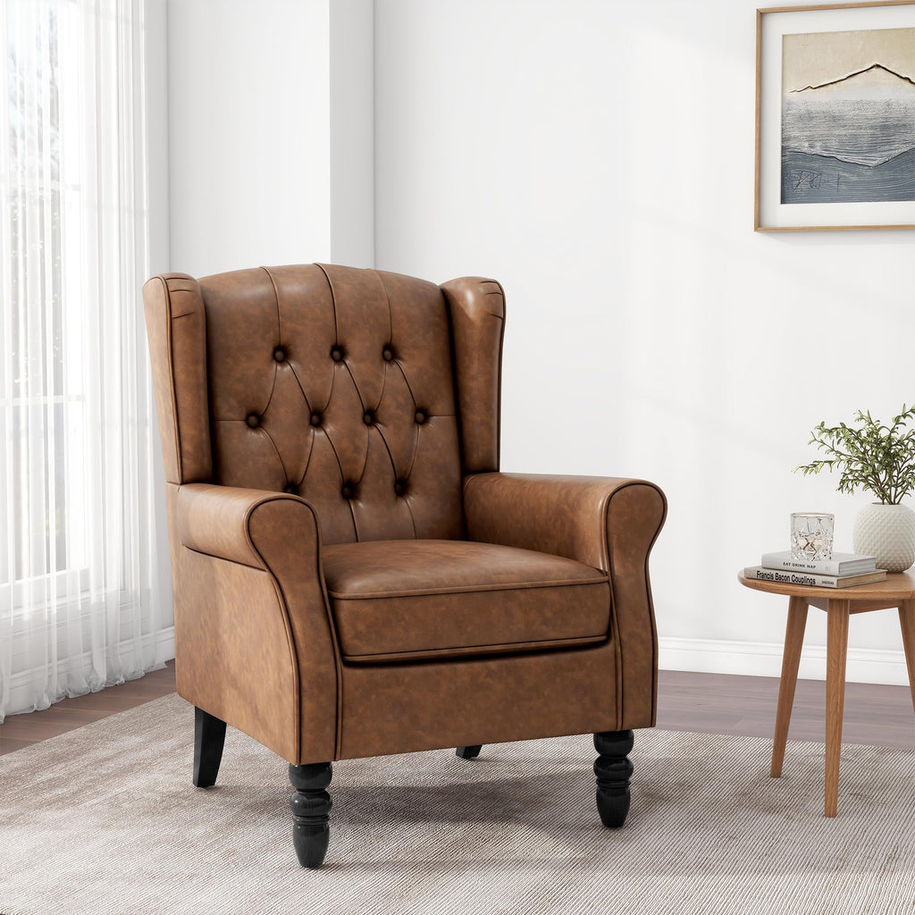 Faux Leather Wingback Accent Chairs, Tufted High Back Armchair, Brown