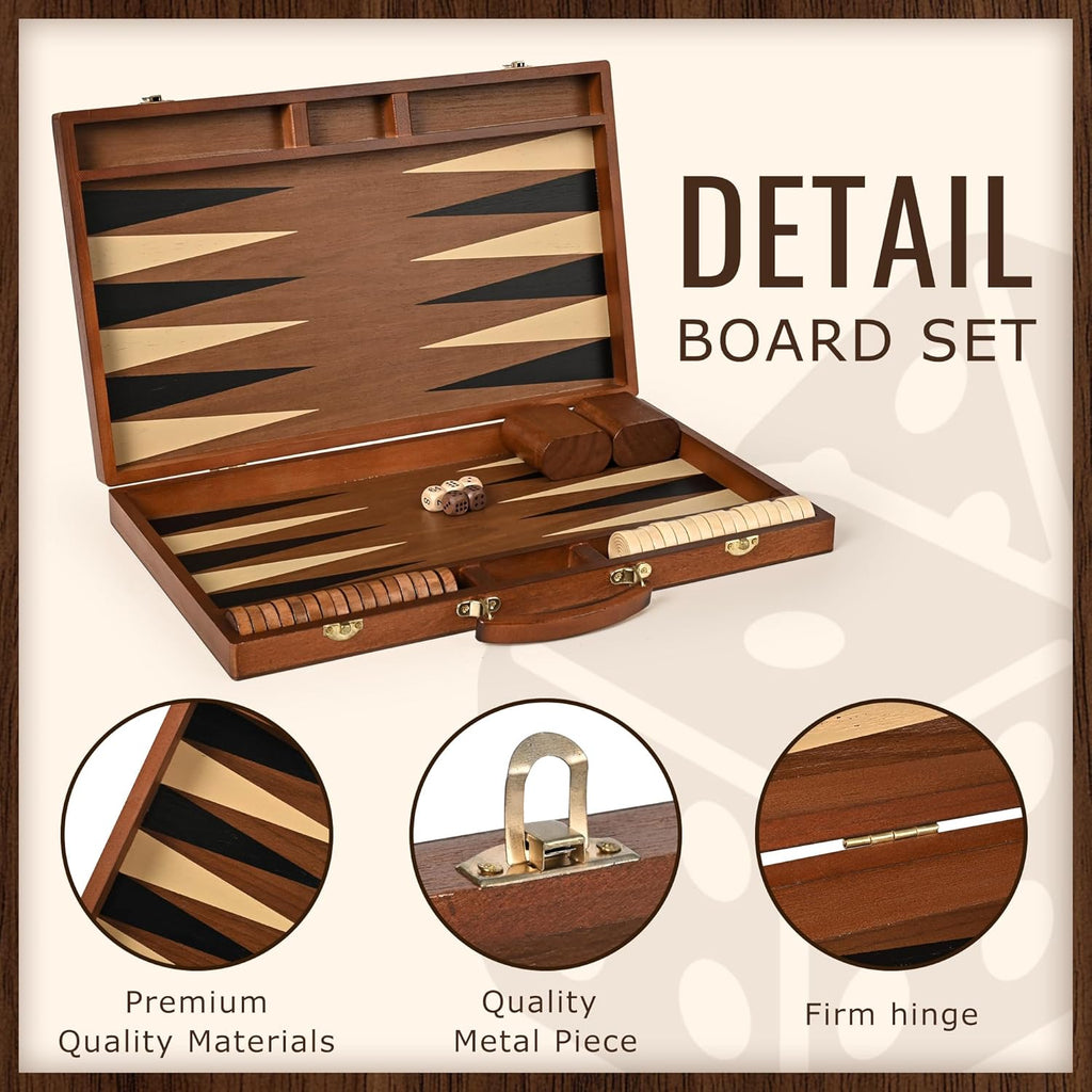 Sapele Wood Backgammon Board Game Set (18 Inches) for Adults and Kids - Classic Board Strategy Game - Portable