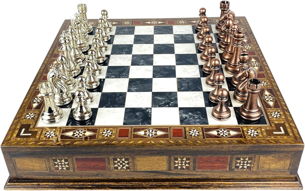 Premium Large Size Classic Chess Set with Metal Chessmen (Black Chess Board and Bronze&Silver Chess Pieces)