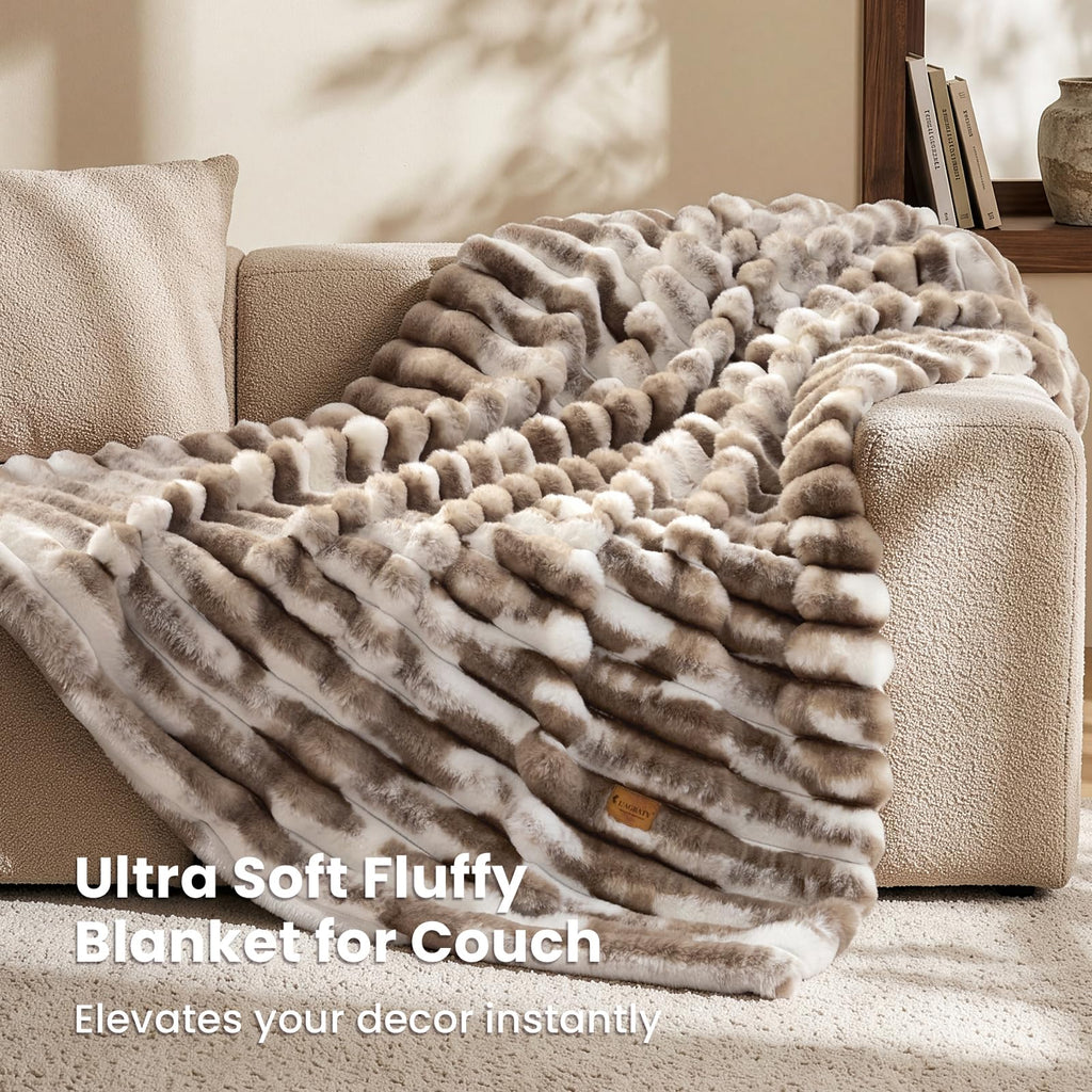 Faux Fur Throw Blanket for Couch, 3D Striped, 50x60 Inches, Taupe