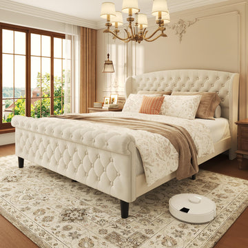 Queen Platform Bed Frame, Velvet Upholstered Sleigh Bed with Wingback Tufted Headboard and Footboard, Noise-Free