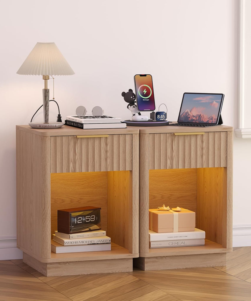Fluted Nightstands Set of 2, Wooden Night Stand with Charging Station and LED Light, Modern Mid Century Bed Side End