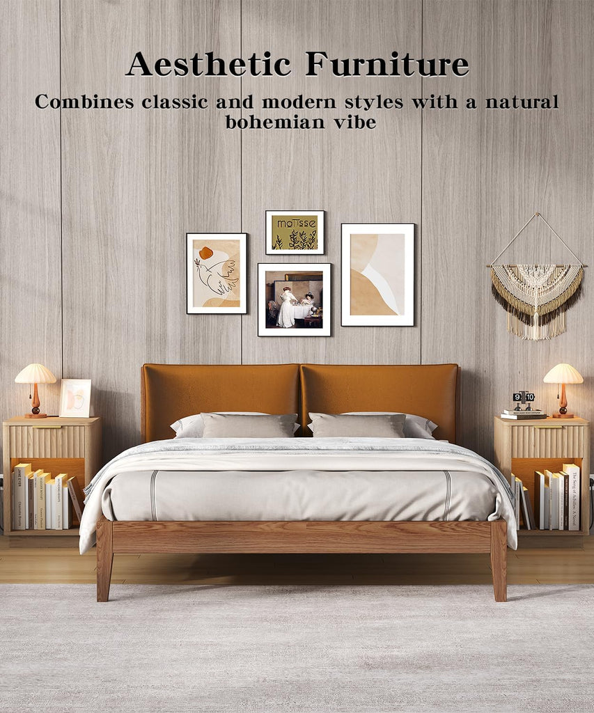 Fluted Nightstands Set of 2, Wooden Night Stand with Charging Station and LED Light, Modern Mid Century Bed Side End