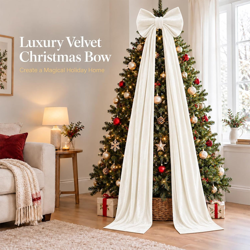 72 * 18 Inch Giant Velvet Bow Christmas Decorations, White Bow Tree Toppers