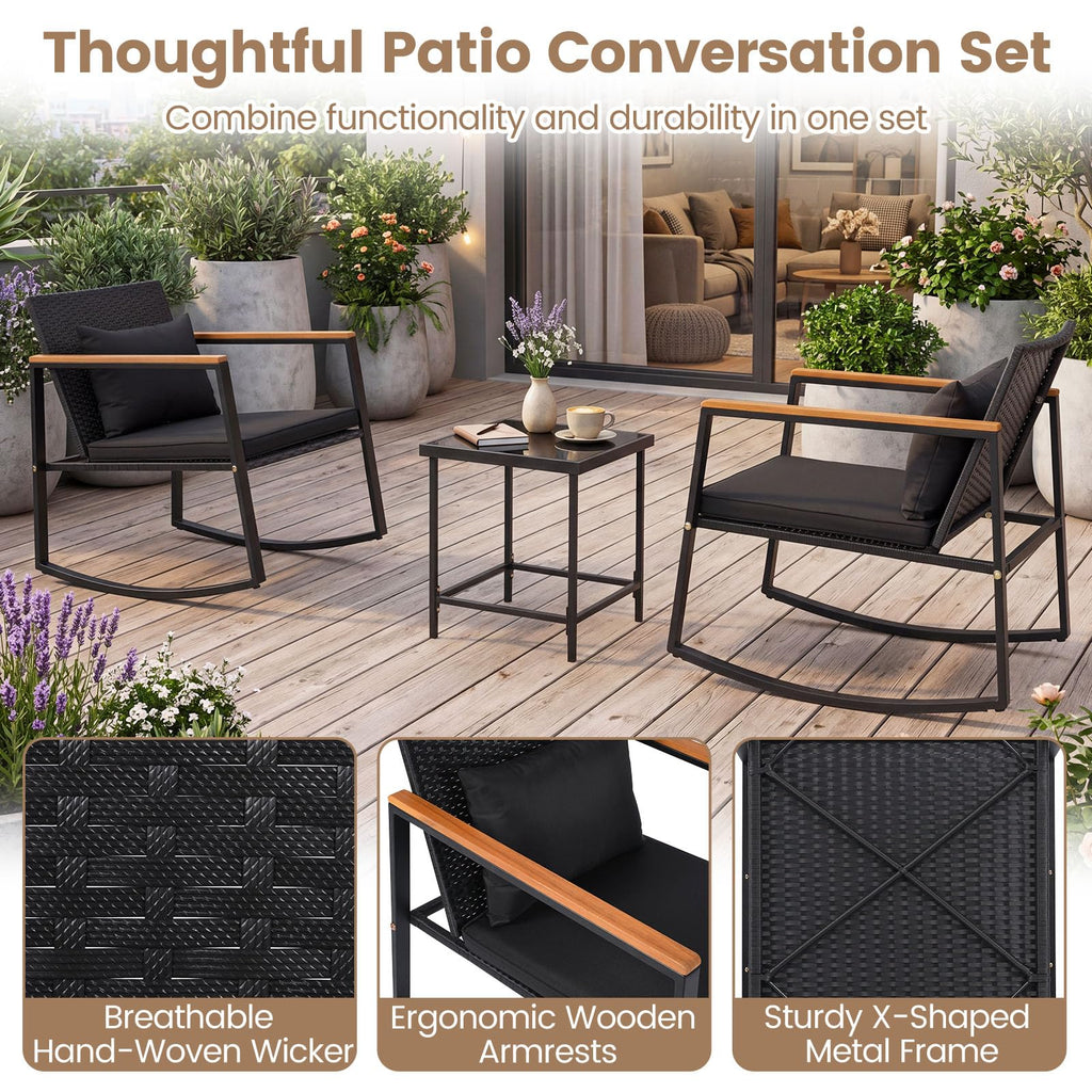 3-Piece Outdoor Rocking Chair Set, Black Cushion & Natural Armrest