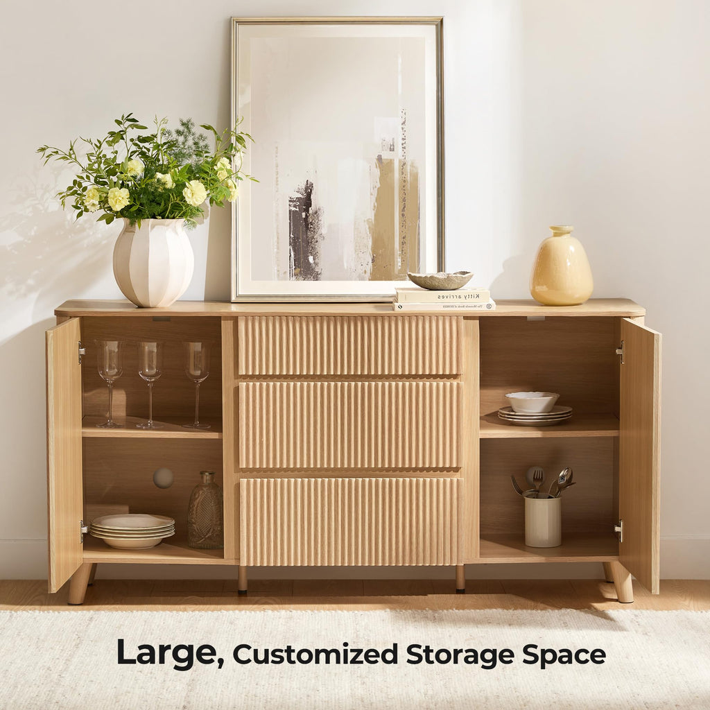 62" Fluted Sideboard Buffet Cabinet with 3 Drawers, Oak