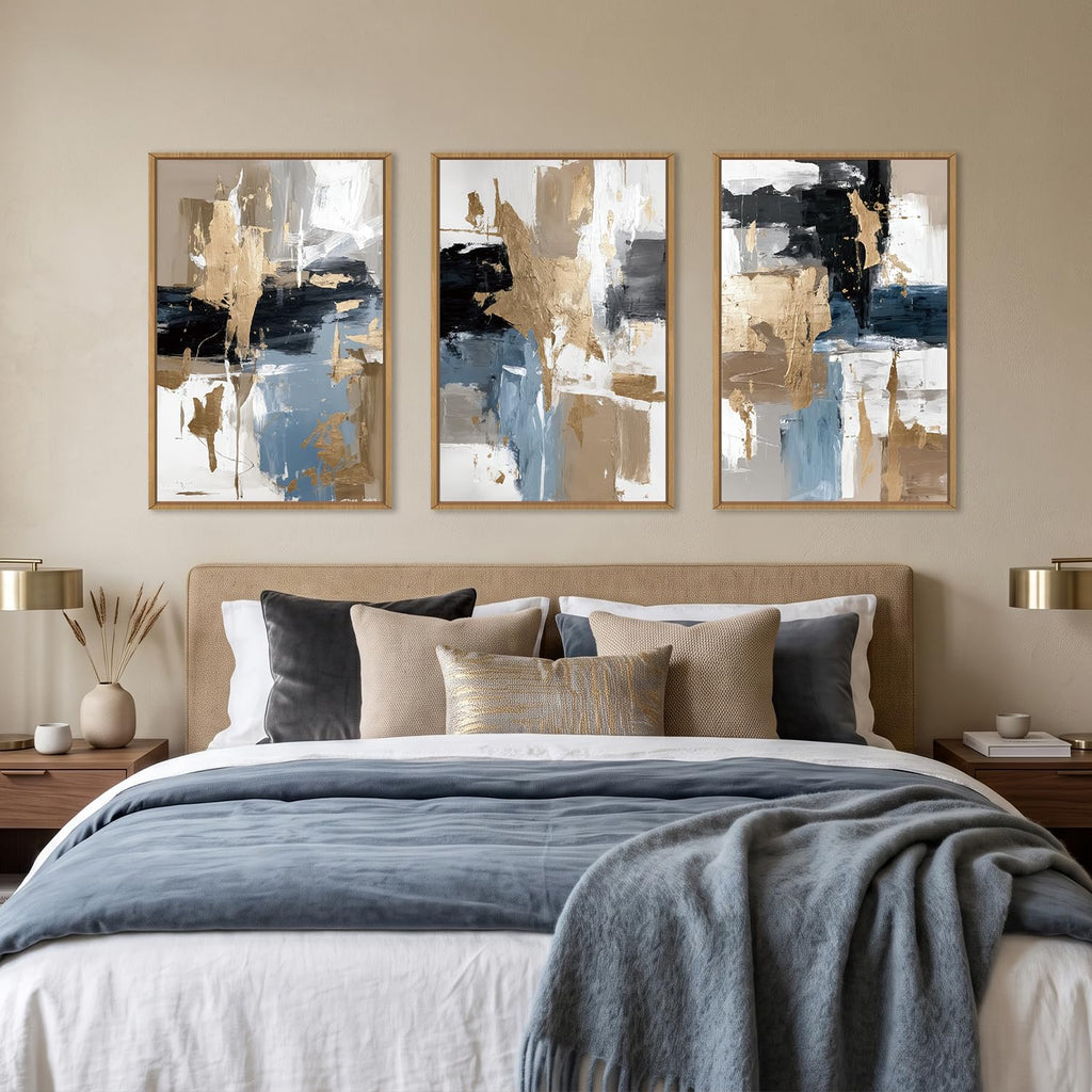 Navy Blue and Gold Abstract Framed Canvas Wall Art Set-16"x24"x3