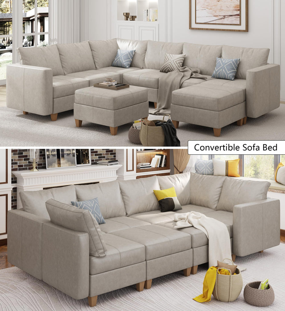 Leather Sectional Couch Sofa with Ottoman, U Shaped Faux Leather