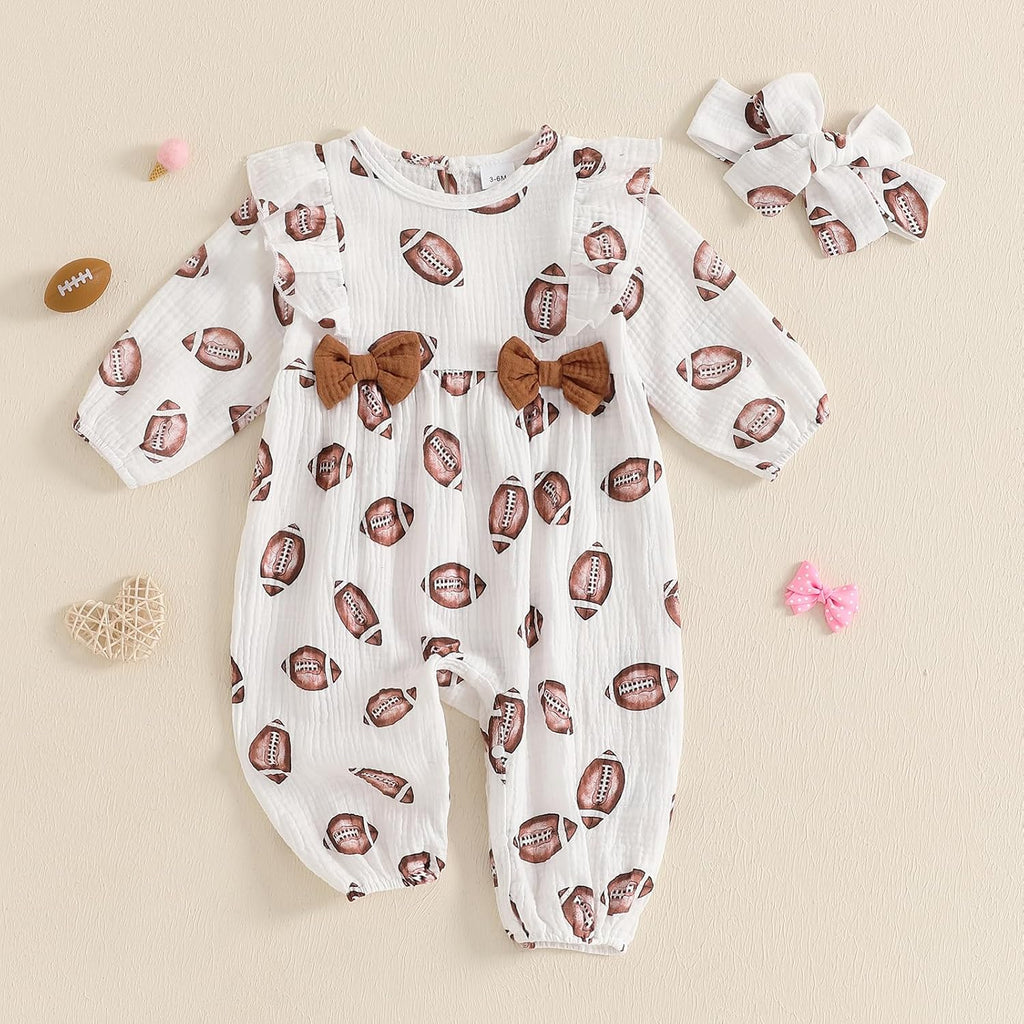Newborn Baby Girl Football Outfit Rugby Print Ruffle Jumpsuit Puff Sleeve Linen Romper Headband Fall Clothes