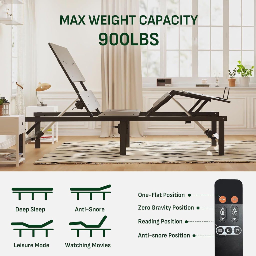 Split King Adjustable Bed Frame, Zero Gravity, Independent Head & Foot Incline, Wireless Remote, Memory Position, 900