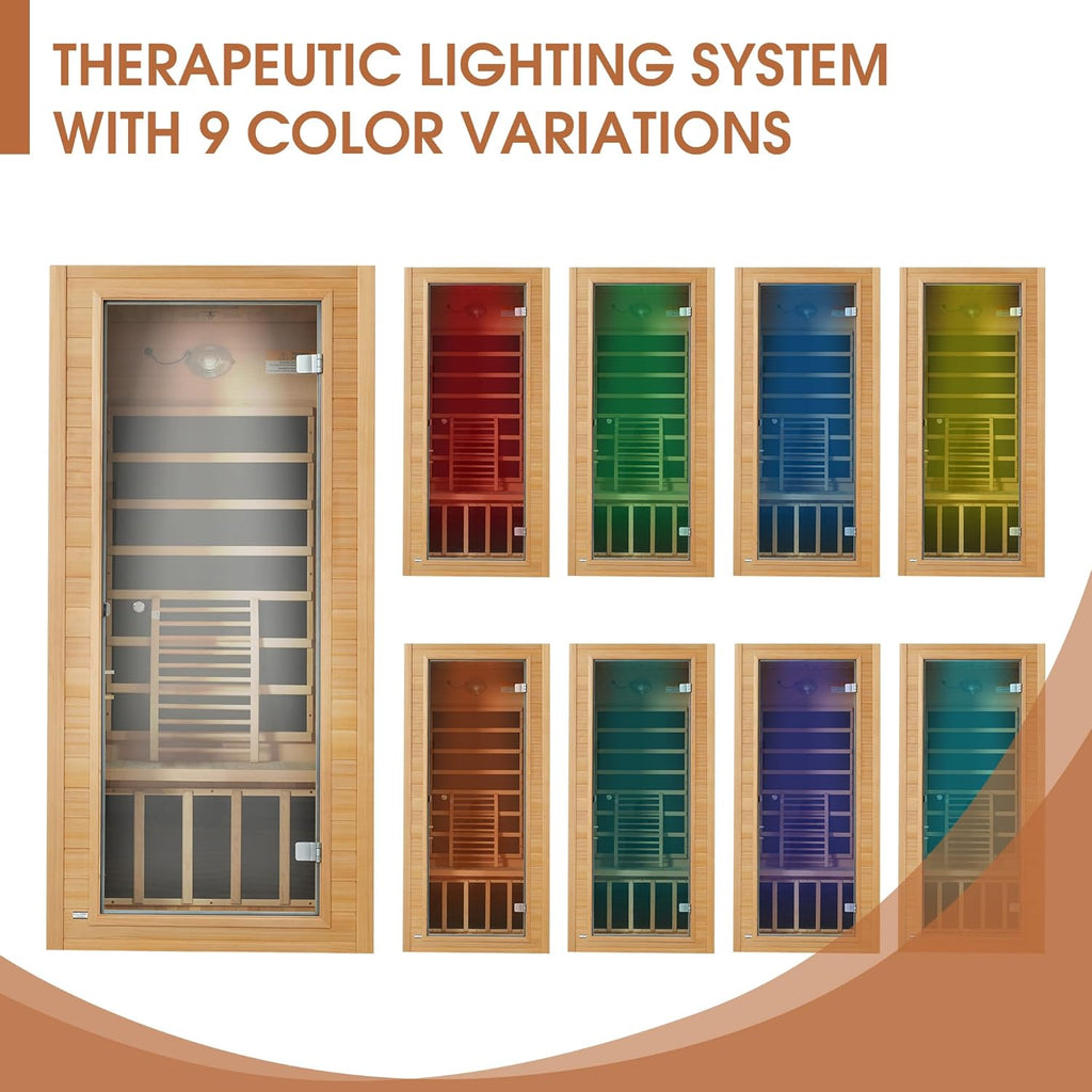 Springspa Far Infrared Sauna, Low EMF 1 Person Sauna, Indoor Canadian Hemlock Wood Home Dry Saunas Room with 1400W