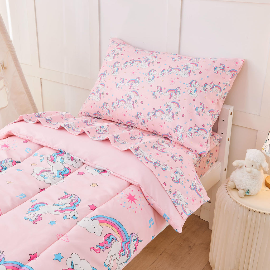 Pink Unicorn Toddler Bedding Set for Girls, 4 Piece Bed-in-a-Bag Toddler Comforter Sets, Super Soft and Comfortable