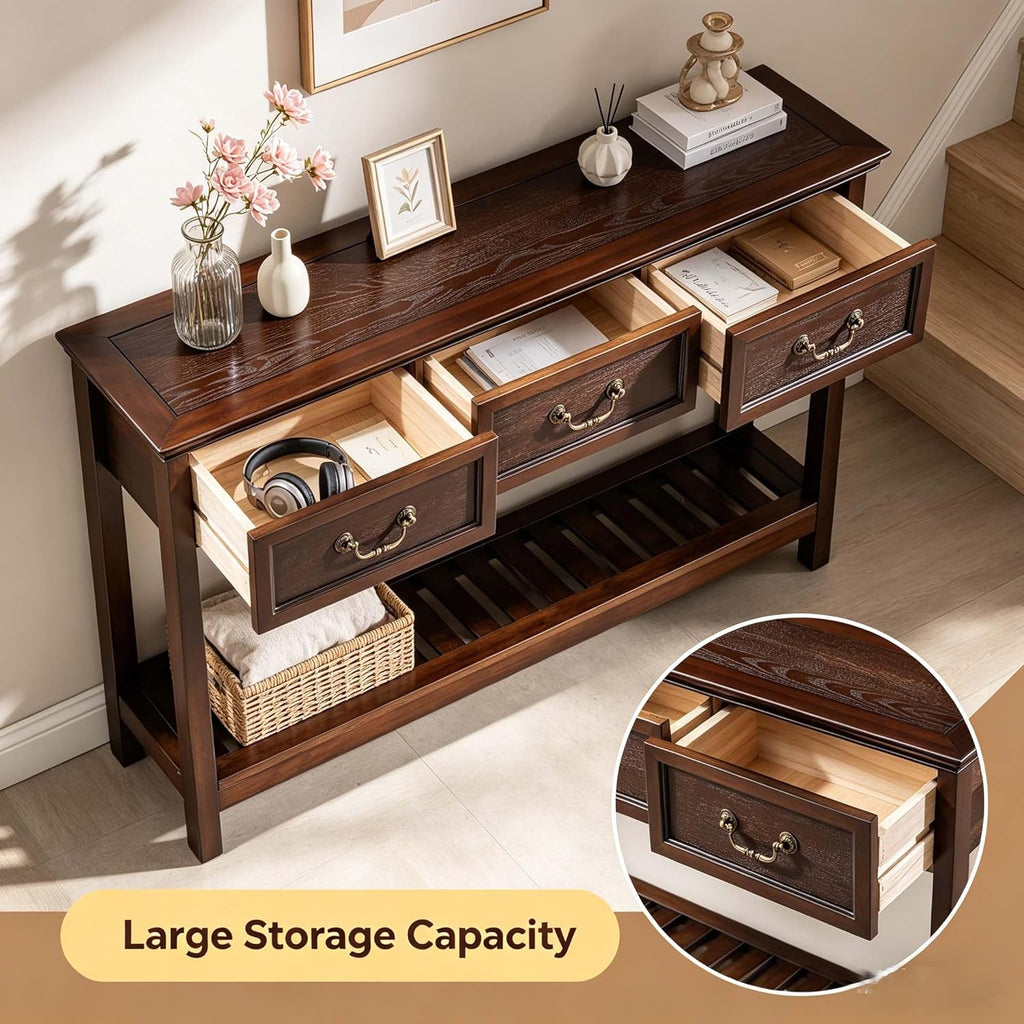 47'' Solid Wood Console Table with Storage, Narrow Long Rustic Sofa Table with 3 Drawers and Open Shelf, Farmhouse