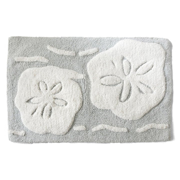 Sand Dollar Coastal Bath Rug, White and Blue Bathroom Mat, Modern Bathroom Decor for Tub and Shower, Absorbent