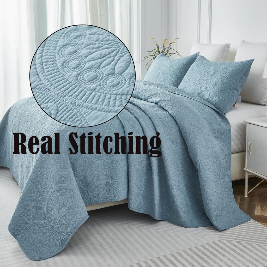 Blue Quilt Set Cotton Queen Chic Medallion Matelasse Coverlet 3PC