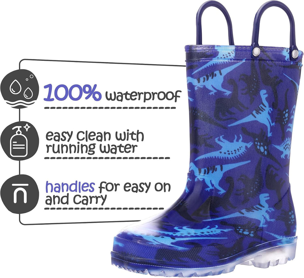 Kids Rain Boots Boys Girls Light up Boots with Easy-on Handles
