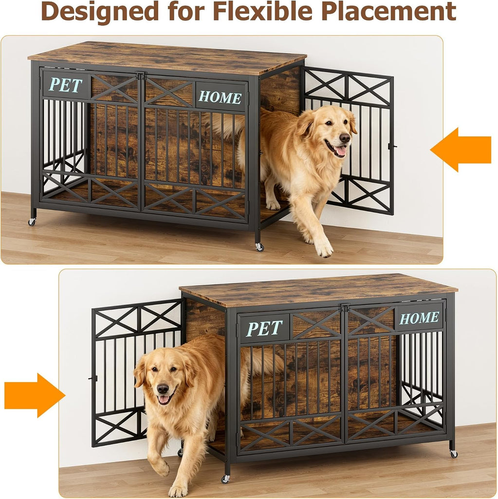 47" XXL Dog Crate Furniture with Wheels, Heavy Duty Dog Kennel Indoor for Large Dogs, Wooden Dog Cage for high