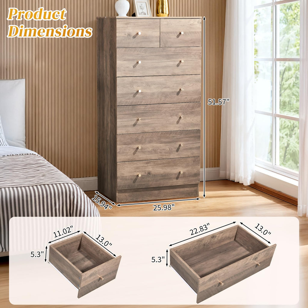 Grey 7 Drawer Tall, Rustic Wood Bedroom Dressers