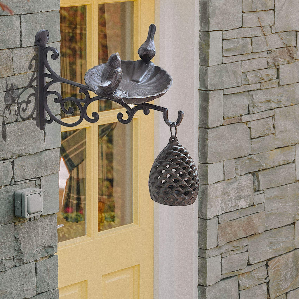 Outdoor Hanging Bracket with Bird Feeder - Cast Iron Hanger Wall Hook for Hanging Planters, Lanterns, Wind Chimes and