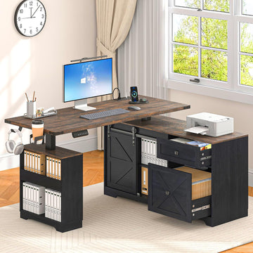 L Shaped Electric Standing Desk 55" Black with Power & Storage | File drawer, sliding door cabinet, cup holder