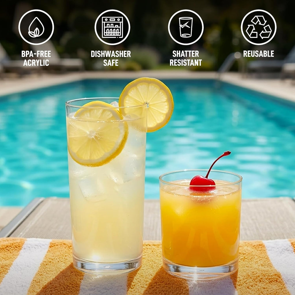 Plastic Drinking Glasses (Set of 8) - Mixed 16oz & 12oz Acrylic Shatterproof Cups & Outdoors - Glass Look - BPA &