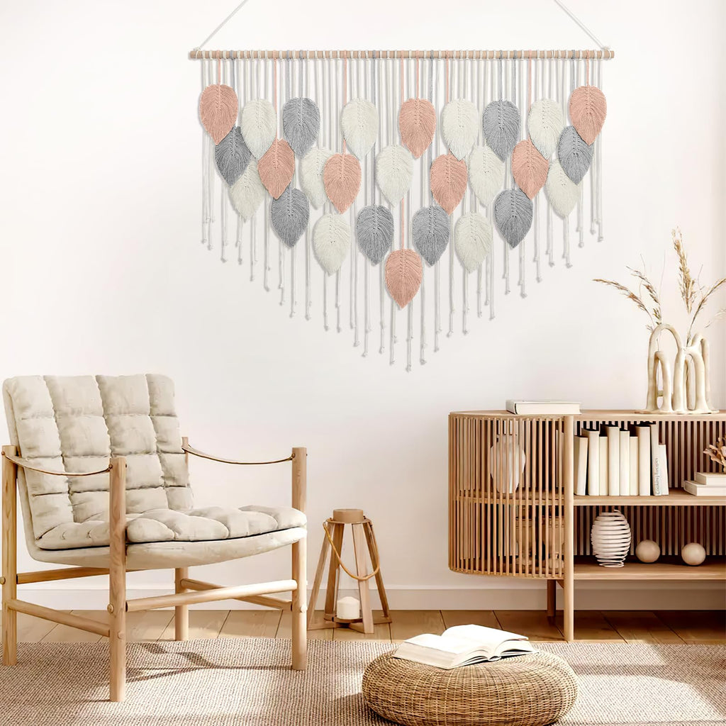 Large Macrame Wall Hanging Boho Leaf Feather Woven Tapestry 51.5"WX33.5"L