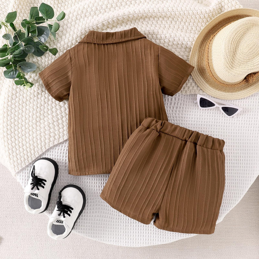 Boys Clothes Toddler Ribbed Button Shirt + Shorts 2pcs Brown