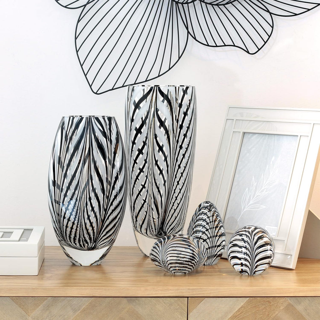 Murano Style Glass Vase Hand Blown Black and White Feather Pattern Effect | Hand Blown Glass Vase, Decorative Table