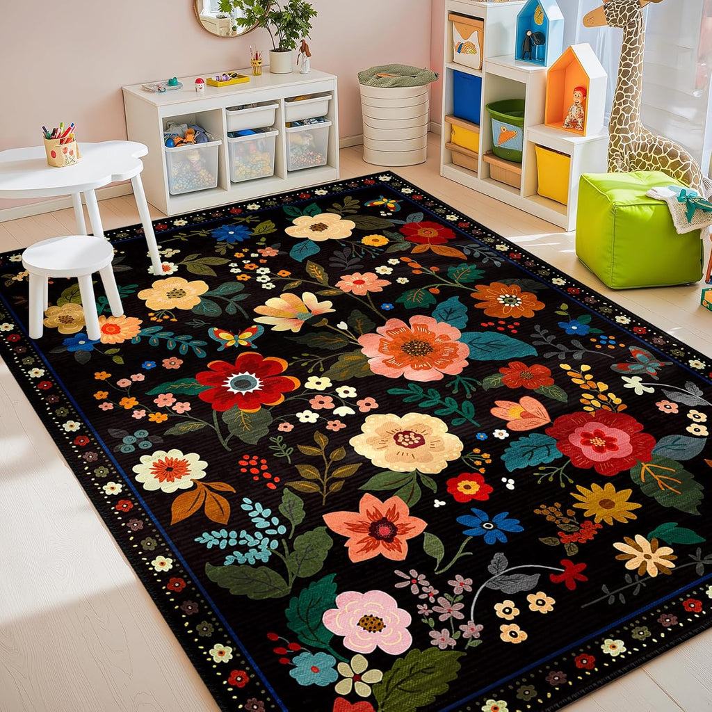 Floral Nursery 5x7 Area Rugs Washable Print Boho Cute Carpet Non Slip Flower Low Pile