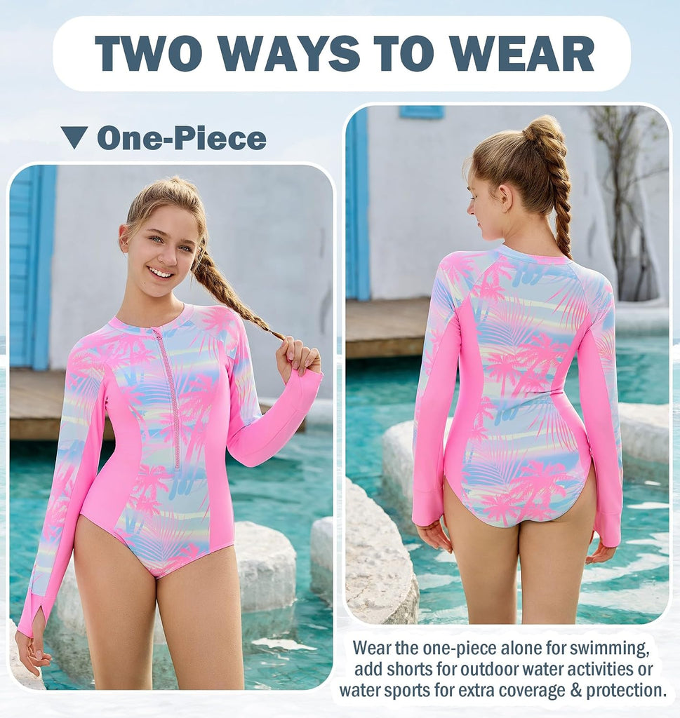 Girls Rash Guard Swimsuit 2 Piece Long Sleeve One Piece Bathing Suits with Swim Shorts Kids UPF 50+ Swimwear Sets