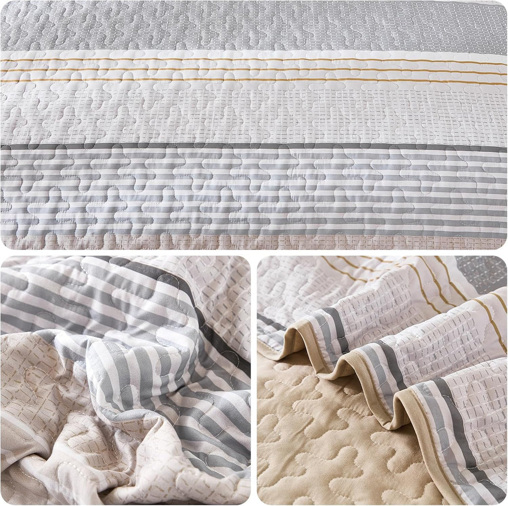 King Quilts Khaki, 3 Pieces Grey Boho Striped Bedspread Bedding for King Bed, Soft Lightweight Microfiber Bohemian