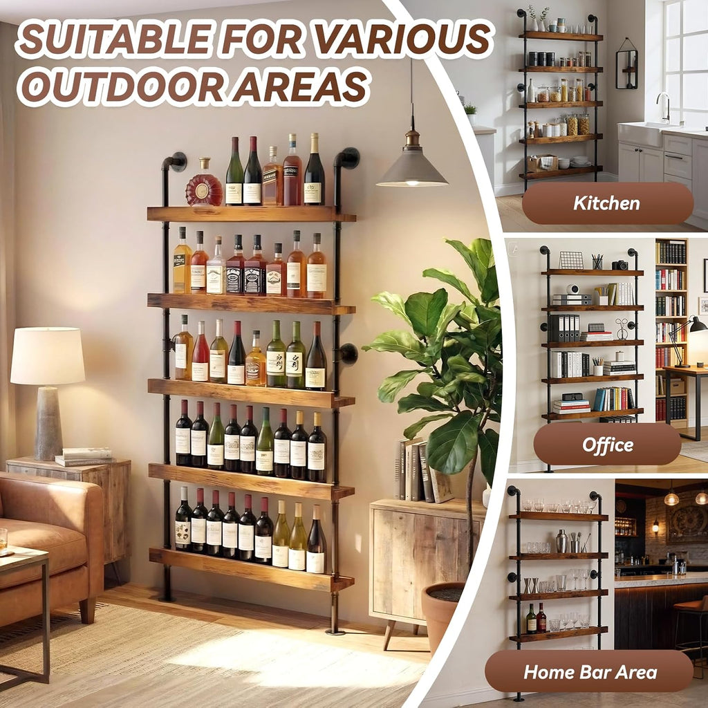 5-Tier Wall Mounted Wine Rack, Industrial Pipe Floating Bar Shelves, Liquor Bottle Display Shelf Holds 40+ Bottles