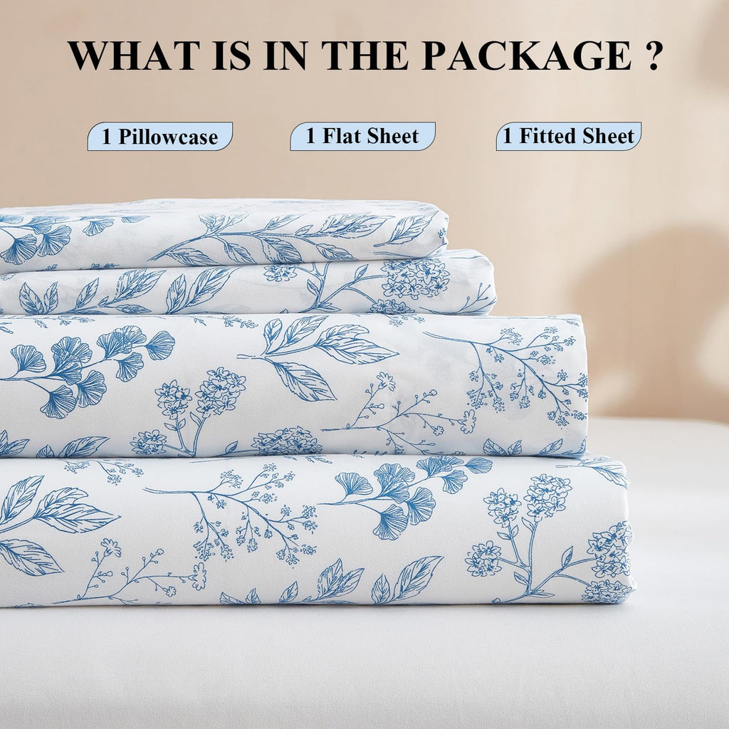 3 Piece Bed Sheets Set Twin XL Sheets White - Extra Soft Blue Floral Sheet Deep Pocket 16" - Luxury Soft Twin XL