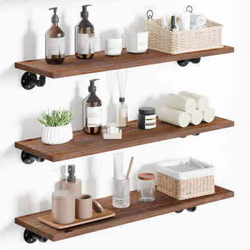Industrial Pipe Shelving 36 Inch, 3-Tier Brown Wall Mounted Shelves
