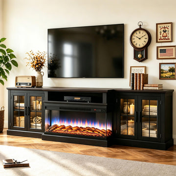 98" Farmhouse TV Stand with Fireplace, Black & Black