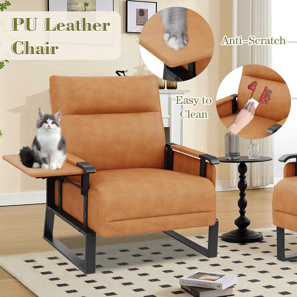 PU Leather Accent Chair Brown Armchair with Side Table