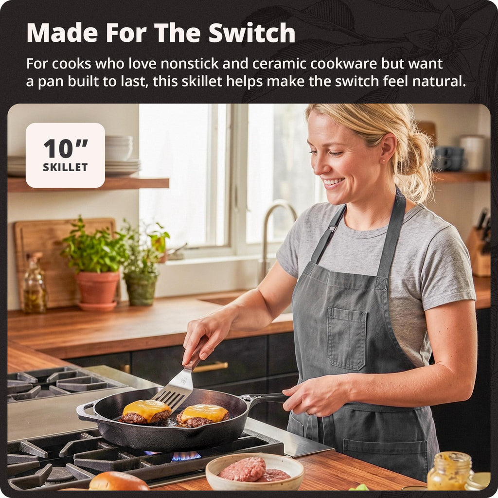 10" Cast Iron Skillet, Smooth Surface, Nonstick-Like Release