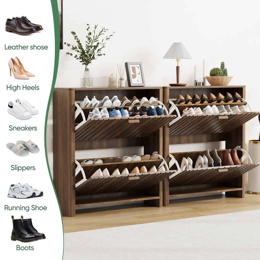 Shoe Storage, Walnut Gradient Fluted Hidden Cabinet with Metal Legs, Organizer with Flip Doors, Slim Entryway Storage