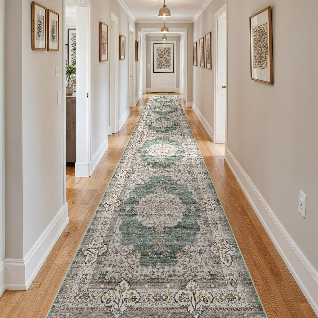 3x20 Runner Rug Washable Vintage: Non Slip Long Hallway Runners Green/Beige