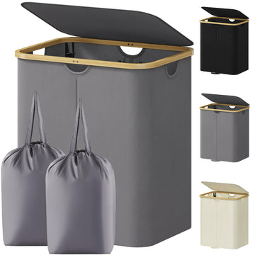 120L Double Laundry Hamper with Lid and Removable Bag, Gray