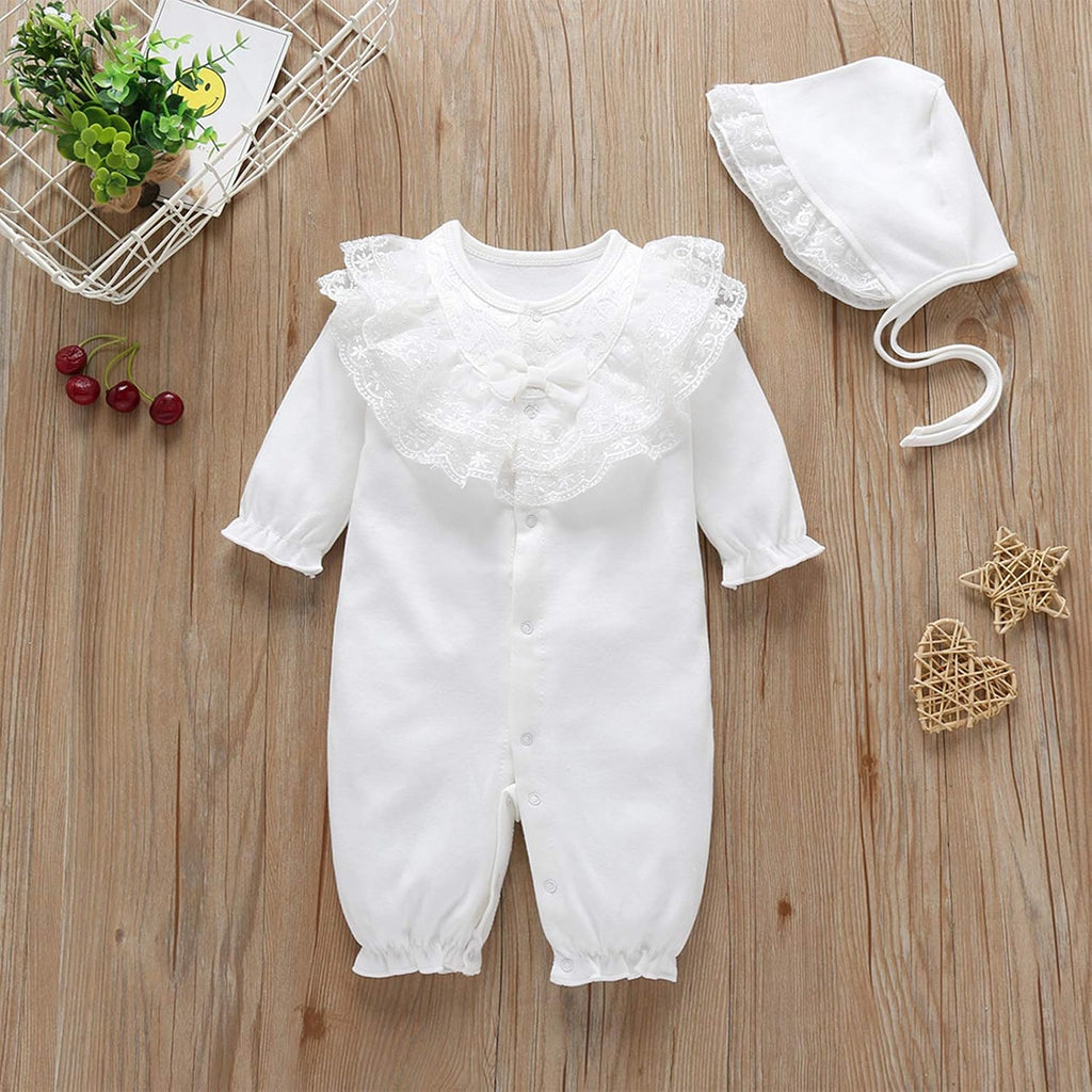 Baby Girls Cotton Romper Lace Collar Jumpsuits Long Sleeve Coveralls with Hat 2 Pieces