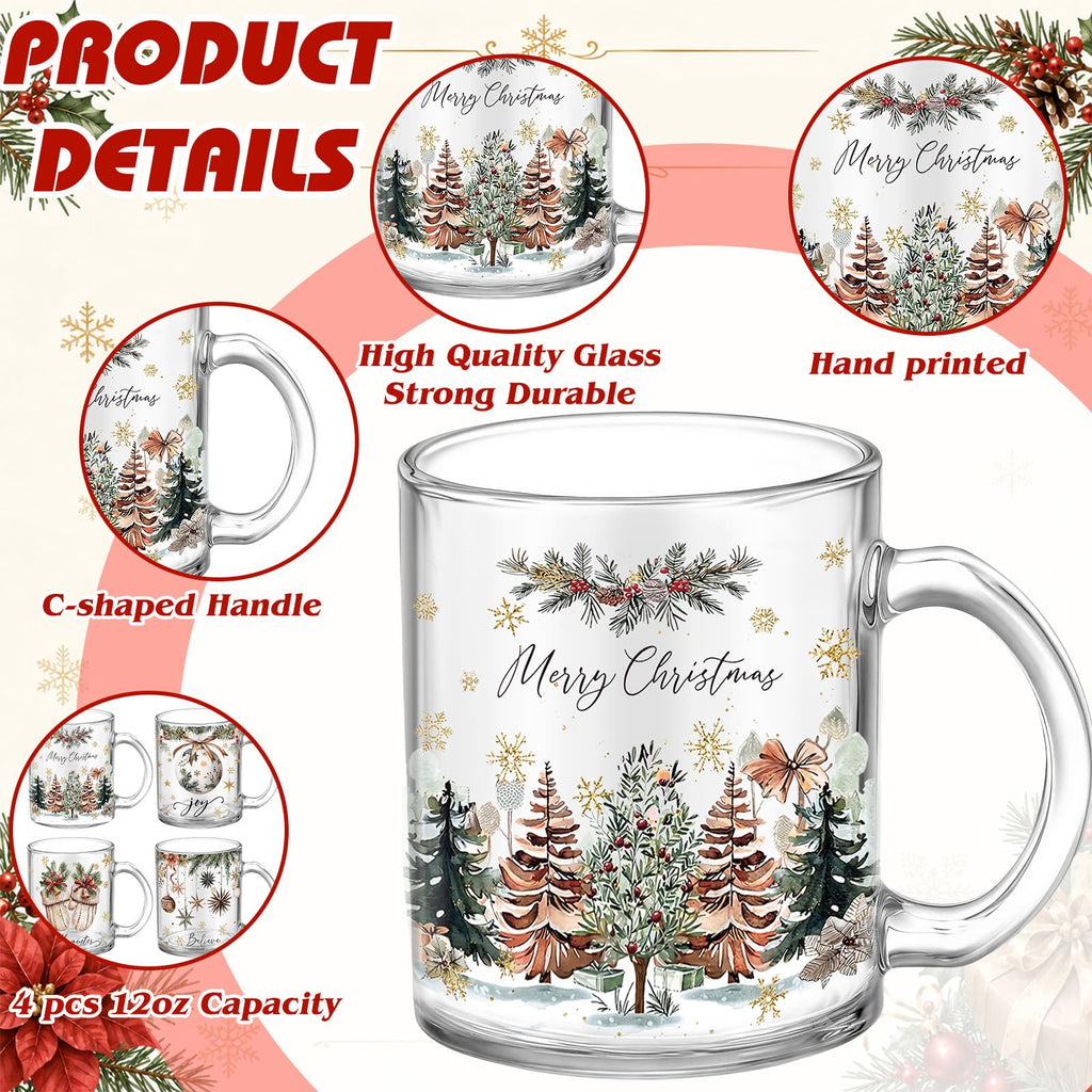4 Pcs Christmas Glass Coffee Mugs 12 oz Clear Holiday Cups