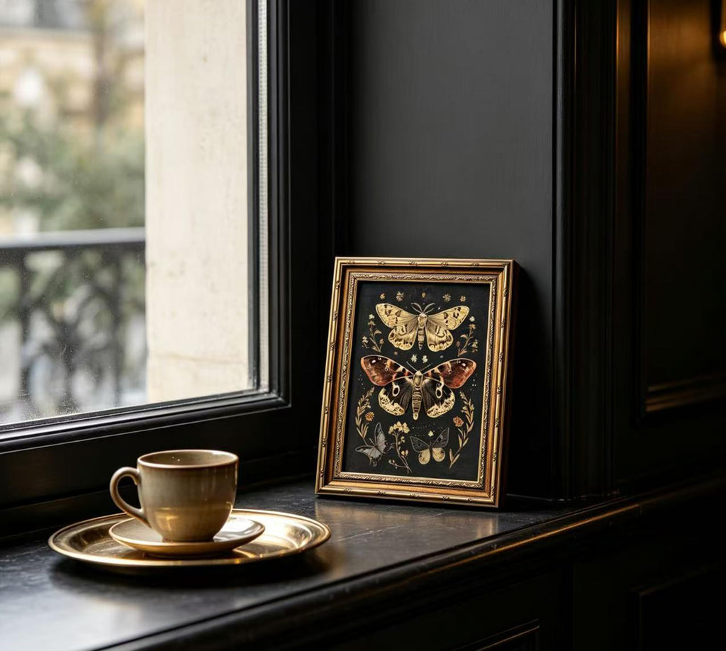 Vintage Gold Framed Wall Art, Retro Moth Framed Wall Art, Dark Botanical Butterfly Canvas Print, Gothic Floral Wall