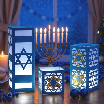 Sets Hanukkah Table Decorations 3 Size Hanukkah Lantern Boxes Centerpieces with LED Candles Dreidel Star David - Set of 12